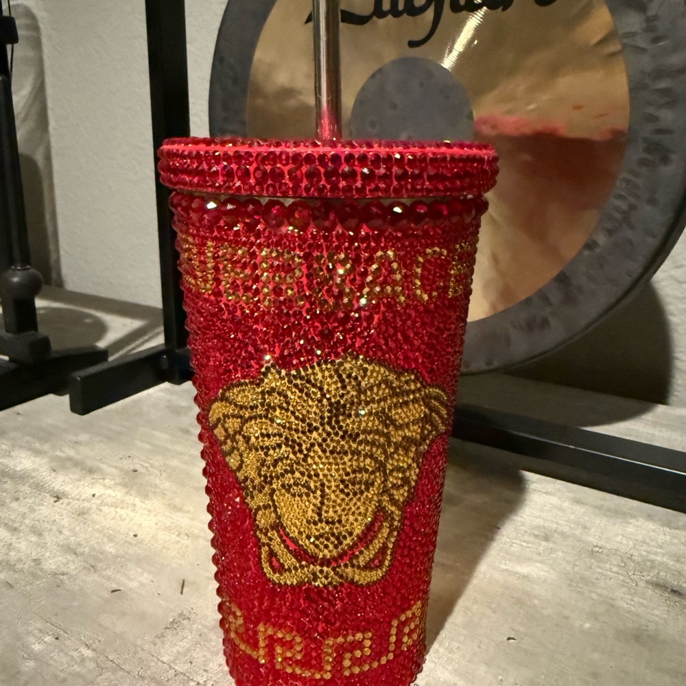 Versace Red and Gold Rhinestone Water Bottle